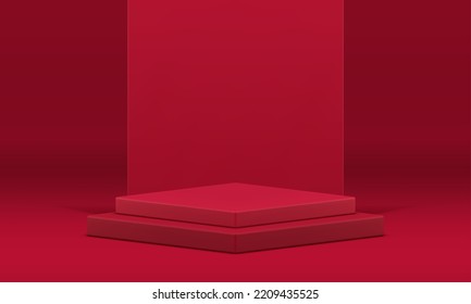 Red 3d stage rhombus level pedestal for competition award product presentation realistic vector illustration. Squared stairs podium premium studio background minimalist fashion advertising showcase