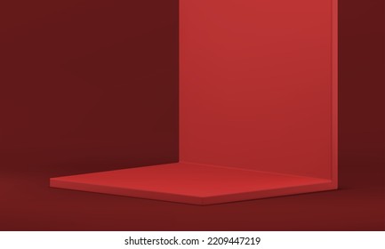 Red 3d stage squared pedestal wall isometric product presentation foundation realistic vector illustration. Podium scene architecture studio background award arena minimalist stand for promo design