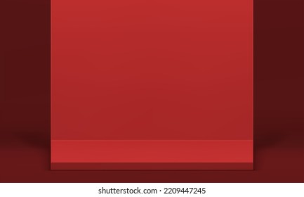 Red 3d stage squared platform wall decorative studio background for product presentation realistic vector illustration. Premium pedestal foundation fashion basic award arena promotion decor element