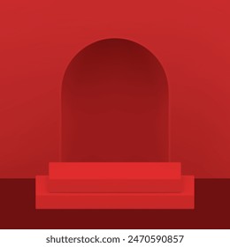 Moqueta de pedestal de podio de escalón 3d rojo para la presentación del producto muestra Ilustración vectorial realista. Exhibición geométrica de la sala de exposición del escenario cuadrado de moda con el fondo de pared del agujero del arco