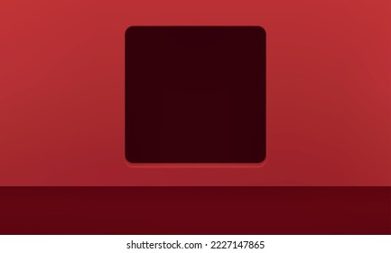 Red 3d studio background empty space for product promo presentation wall square hole realistic vector illustration. Geometric interior backdrop for museum gallery fashion performance design