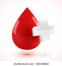 Red 3D style vector blood drop with white cross