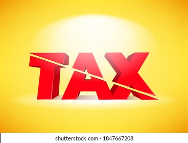 Red 3D Tax Is Cut In Half On Yellow Background.