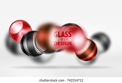 Red 3d techno glass bubble design, vector future hi-tech shapes with blurred effects