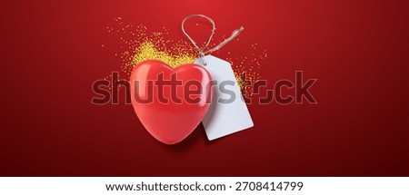 Red 3D vector heart with blank gift tag and golden glitter on a red background, romantic design for Valentines Day, love messages, gifts and holiday sales