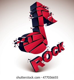 Red 3d vector musical note broken into pieces, explosion effect. Dimensional art melody symbol, rock music theme.