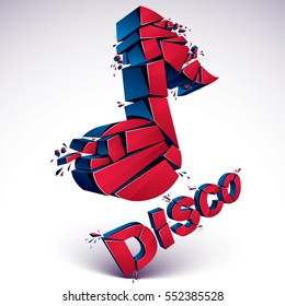 Red 3d vector musical note broken into pieces, explosion effect. Dimensional art melody symbol, disco music theme.