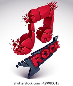 Red 3d vector shattered musical note with specks and refractions. Dimensional facet design music demolished symbol. Rock music theme 
