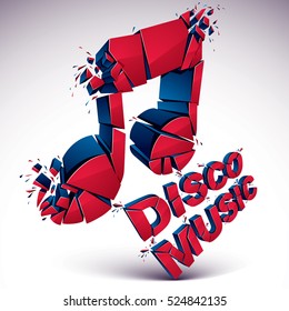 Red 3d vector shattered musical note with specks and refractions. Dimensional facet design music demolished symbol. Disco music theme 