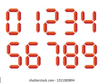 Red 3D-like digital numbers. Seven-segment display is used in calculators, digital clocks or electronic meters. Vector illustration.