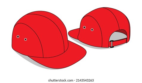 Red 4 Panel Cap With Flat Brim Cap Template On White Background, Vector File