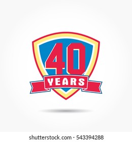 red 40 years anniversary on blue shield with red frame and ribbon bellow and shadow effect