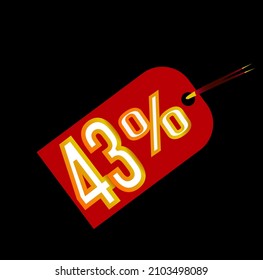 Red  43% discount tag on black background. sale, label, deal, discount, vector and 43 percent illustration. Mega discount promotions