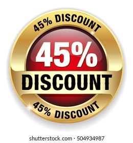Red 45 percent discount button, badge with gold border on white background
