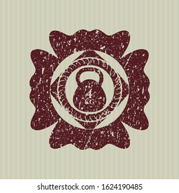 Red 4kg kettlebell icon inside distressed rubber grunge stamp