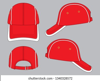 Red 4-Panel Baseball Cap with White Piping and Binding Trim Visor, Buckle Closure Design on Gray Background, Vector File.