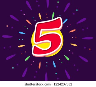 The red 5 in the middle of the fireworks. Postcard with number five  on a dark background. Vector illustration in a flat style.