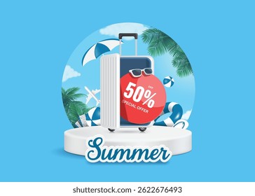A etiqueta de promoção vermelha de 50% de desconto fica dentro de uma mala aberta. Todos os lugares no pódio circular branco com fundo de luz solar, coqueiros, boias salva-vidas e vôlei para design de conceito de venda de verão