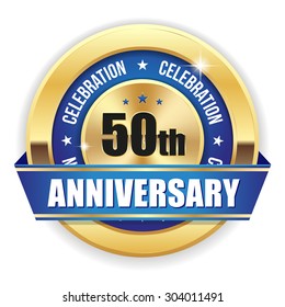 Red 50th Anniversary Badge With Gold Border And Ribbon On White Background