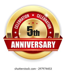 Red 5th anniversary badge with gold border and ribbon on white background
