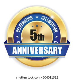 Red 5th anniversary badge with gold border and ribbon on white background