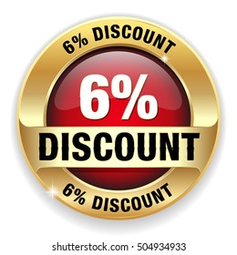 Red 6 percent discount button, badge with gold border on white background
