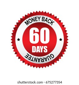 Red 60 days money back,guarantee badge, button with silver border.vector illustration