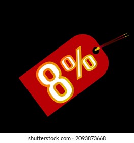 Red 8% discount tag on black background. sale, label, deal, discount, vector and eight percent illustration. Mega discount promotions 