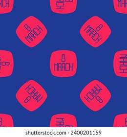 Icono rojo 8 de marzo aislado patrón sin fisuras en fondo azul. Día Internacional de la Mujer Feliz.  Vector