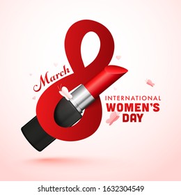 Red 8 March Text with Lipstick and Butterflies on White Background for International Women's Day.