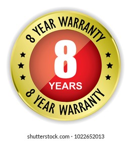 Red 8 years warranty badge with gold border on white background.vector illustration