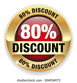 Red 80 percent discount button, badge with gold border on white background