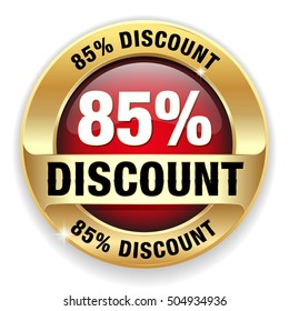 Red 85 percent discount button, badge with gold border on white background