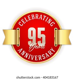 Red 95 years anniversary badge with gold border and ribbon