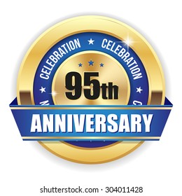 Red 95th anniversary badge with gold border and ribbon on white background