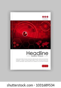 Red A4 HUD Business Book Cover Design Template. Good for Portfolio, Brochure, Annual Report, Flyer, Magazine, Academic Journal, Website, Poster, Monograph. World map. Vector EPS10.