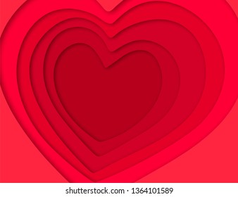 Red abstract 3D background with hearts paper cut shapes. Valentines day vector illustration