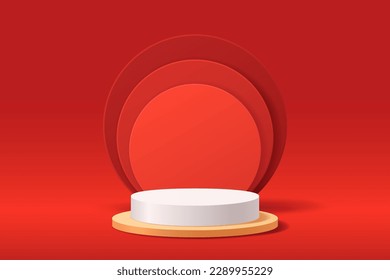 Red abstract 3D minimal geometric shape scene for product presentation background, White and gold cylinder podium for display product and red circle shape overlap behind, Vector illustration