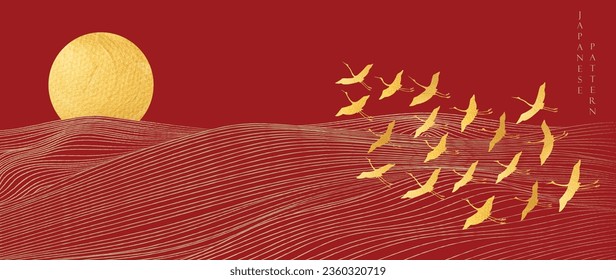 Red abstract art landscape background with circle gold texture vector. Japanese hand drawn wave pattern with crane birds and mountain banner in vintage style.