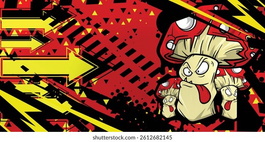 Red abstract background with cartoon mushroom object, graffiti, vector, eps 10, editable.