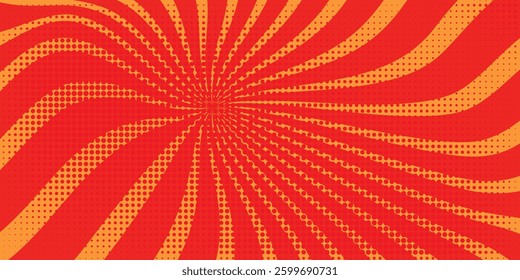 Red abstract background. Dynamic shapes coPop art comic book strip cover design. Explosion, isolated retro style comics radial red background. Halftone colored background frame.mposition.