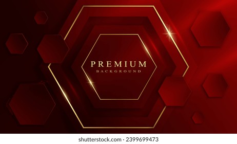 Red abstract background, elegant hexagonal geometric shapes and golden lines with light effect. Vector illustration. Modern