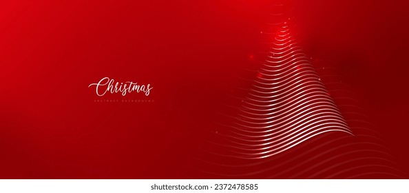 Red abstract background with glowing lines in Christmas tree form. Modern shiny blue lines pattern. Futuristic technology concept. Vector illustration