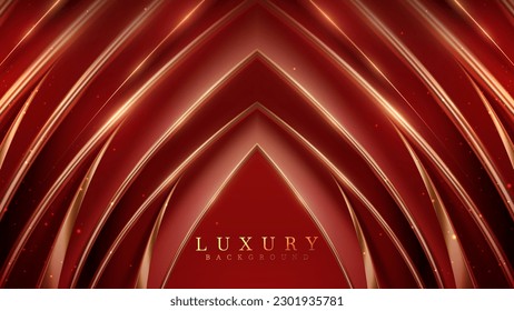 Red abstract background with golden curves decorated with glitter light effect, luxury style design concept.