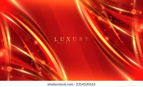 Red abstract background with golden curves decorated with glitter light effect, luxury style design concept.