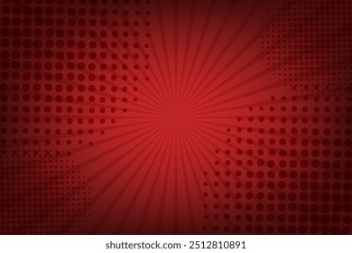 Red abstract background with halftone dots and radial lines. Ideal for comic-style designs, posters, banners, or digital illustrations. Bold and dynamic vector graphic