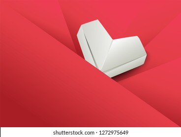 Red abstract background with heart shape, overlapping white paper