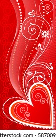 Red abstract background with heart symbols and floral ornaments. Vector illustration