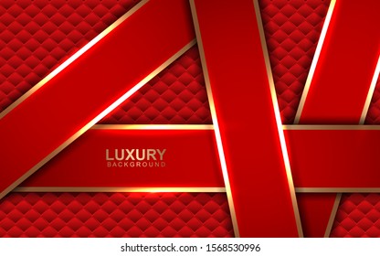 Red abstract background paper shapes with overlap layers. Texture a combination with golden line and light effect decoration. Realistic backdrop. Vector design for use frame, modern cover