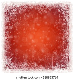 red abstract background with shiny stars, snow flakes and white grunge frame